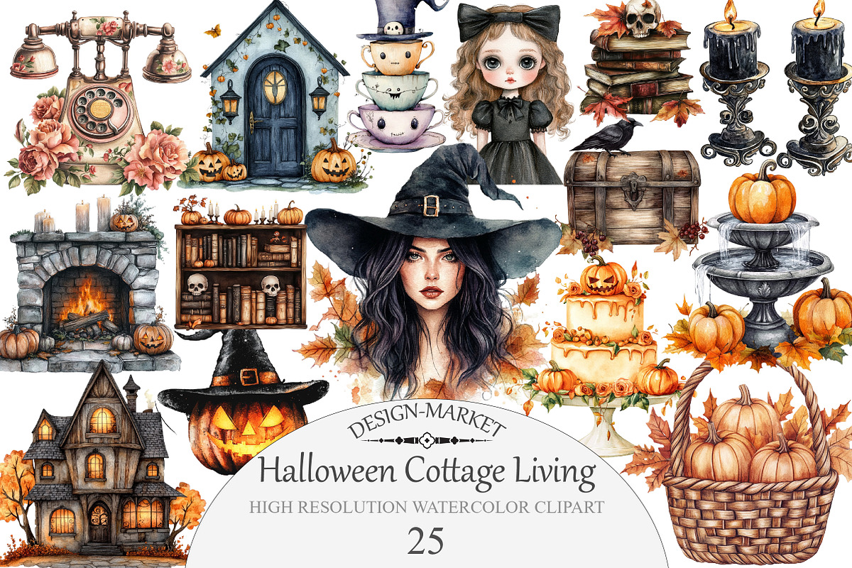 Watercolor Halloween Cottage Living, an Illustration by Design Market (Photo 1 of 3)