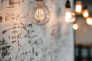 Edison bulb hanging near whiteboard, a Photo by Pixeness Studio