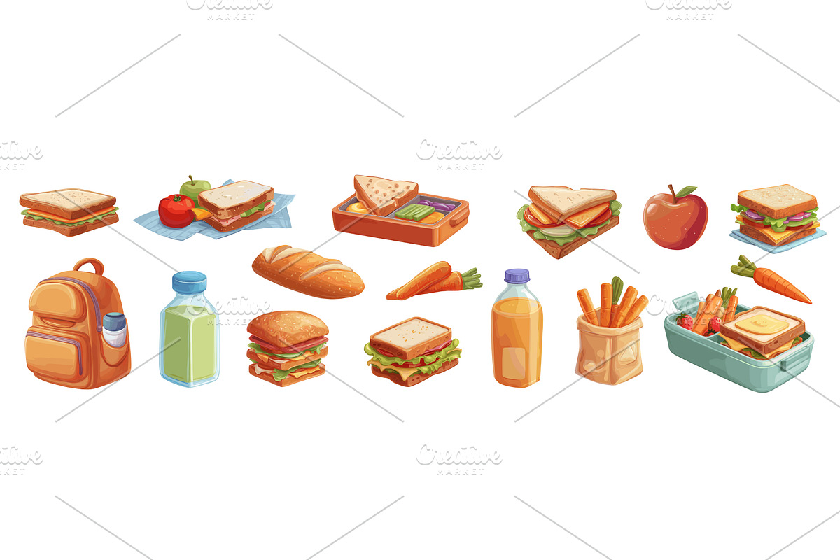 Lunches set cartoon. School lunch, a Food Illustration by Stock-Smart-Start