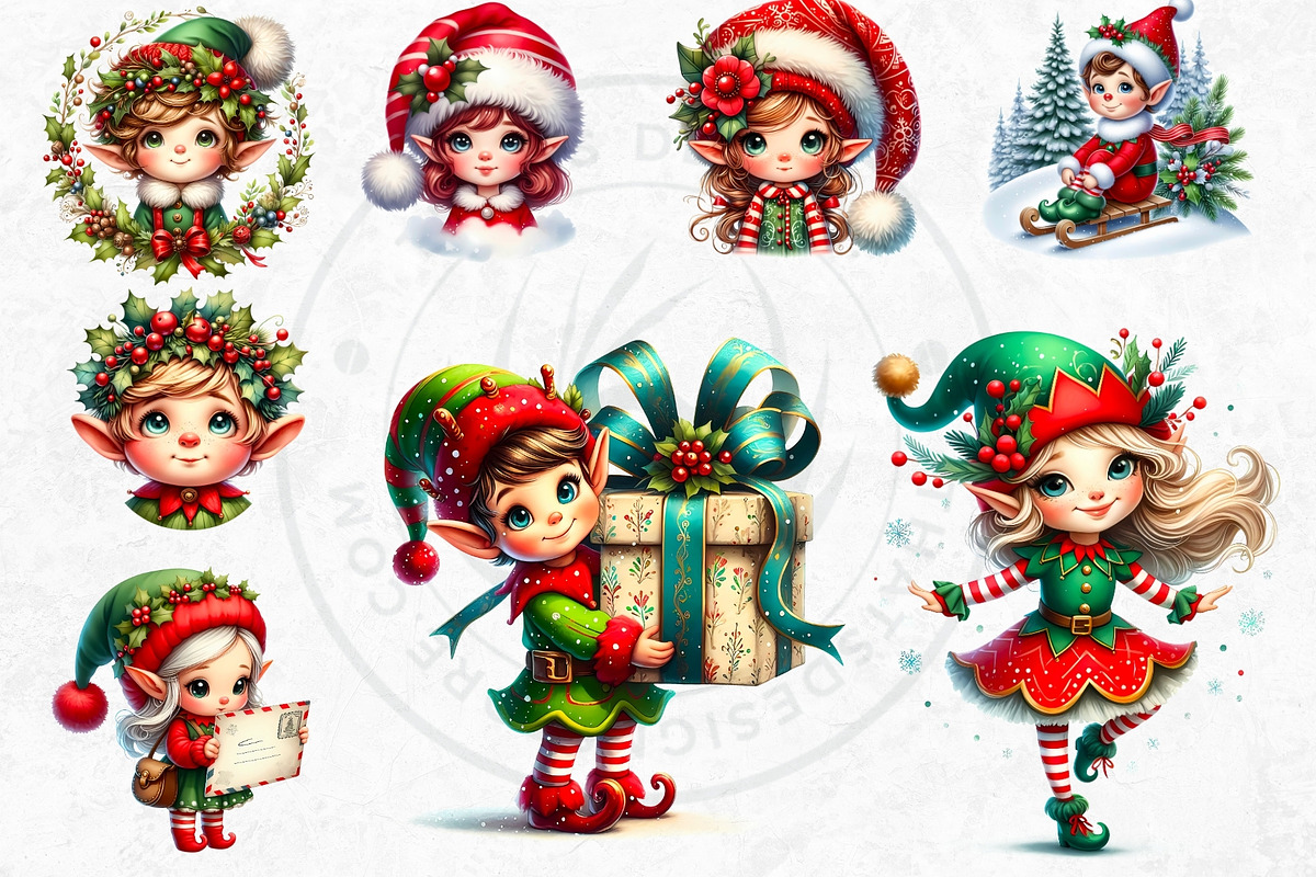 Christmas elves Clipart Set, a Seasonal Illustration by ThatsDesignArt (Photo 4 of 10)