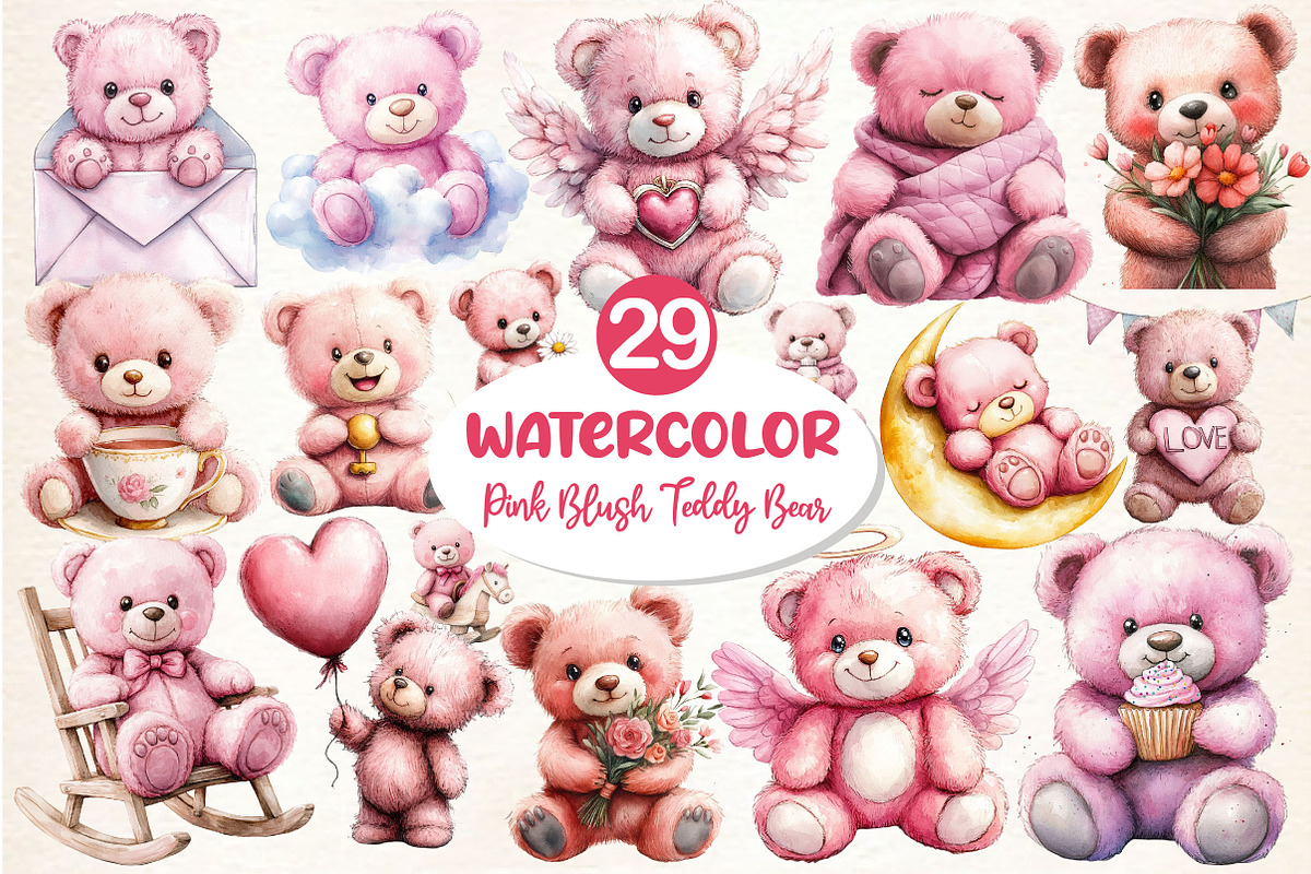 Pink Cute Blush Teddy Bear Clipart, an Illustration by Dream Creation (Photo 1 of 6)
