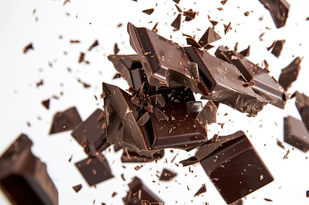 Pieces of black chocolate falling on white background, a Food & Drink Photo by AlyaAnd