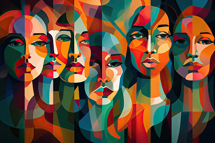 Colorful abstractly painted men's and women's faces. Society con, a Person Illustration by José Manuel Gelpi
