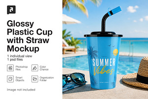 Glossy Plastic Cup with Straw Mockup