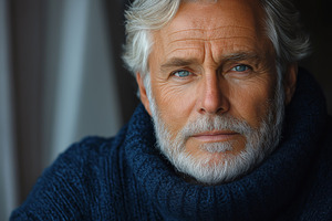 A mature Caucasian man with a distinguished beard and blue eyes, dressed in a c, a Person Photo by ImageMir