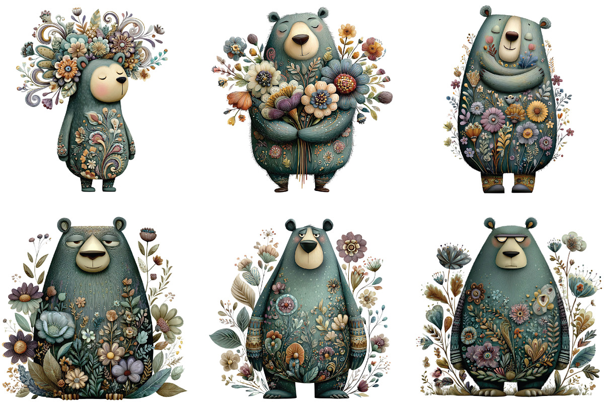 Whimsical Animal Floral Bear Clipart, an Illustration by CraftArtStudio (Photo 3 of 6)