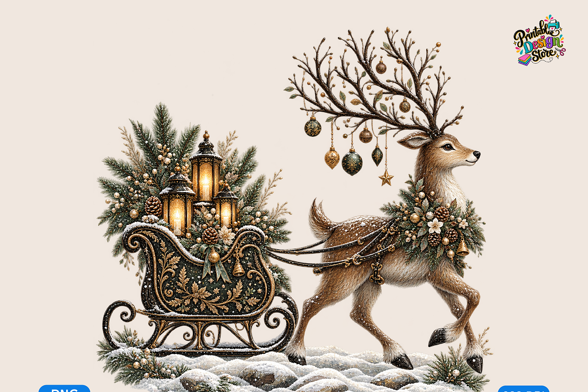 Ornate Reindeer Sleigh Holiday Scene, a Seasonal Illustration by Printable Design Store (Photo 1 of 3)