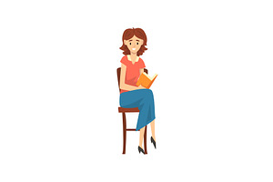 Cheerful Female Teacher Sitting on, a Person Illustration by TopVectors