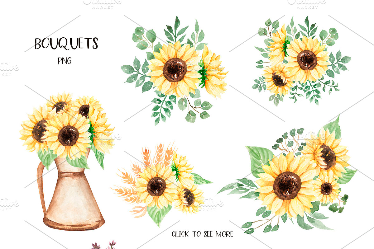 Watercolor Sunflowers, Honey & Bees, a Decorative Illustration by MayaNavits (Photo 3 of 9)