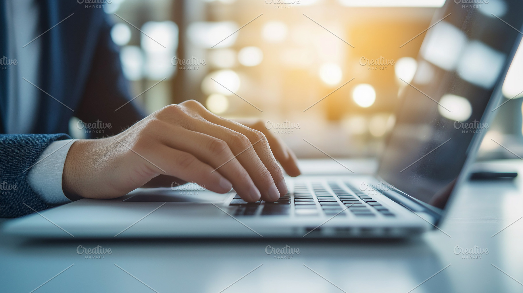 Man in a suit typing on a laptop at, a Business Photo by MistyDay