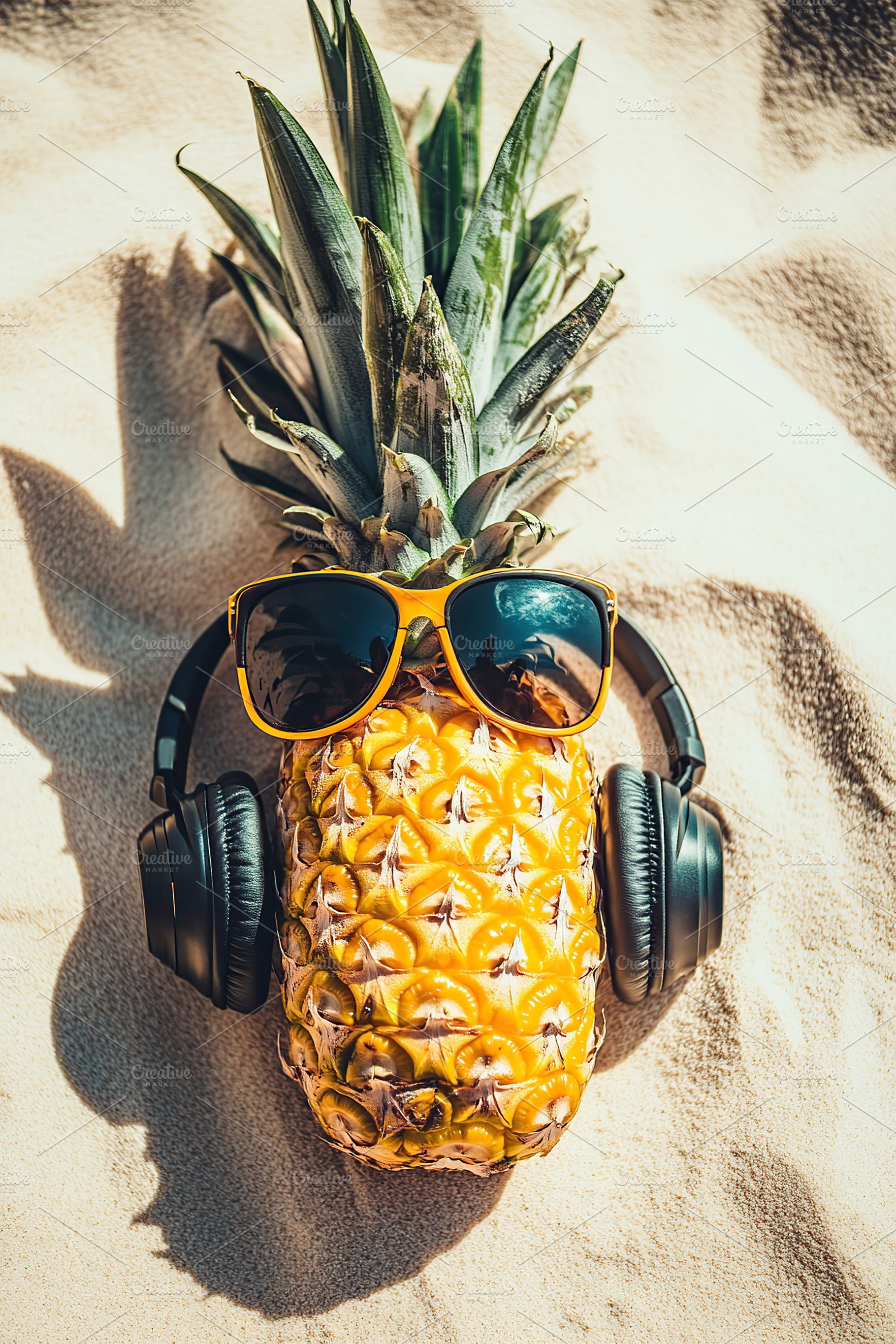 Creative pineapple with sunglasses and headphones enjoying the beach vibes on w, a Photo by AlyaAnd