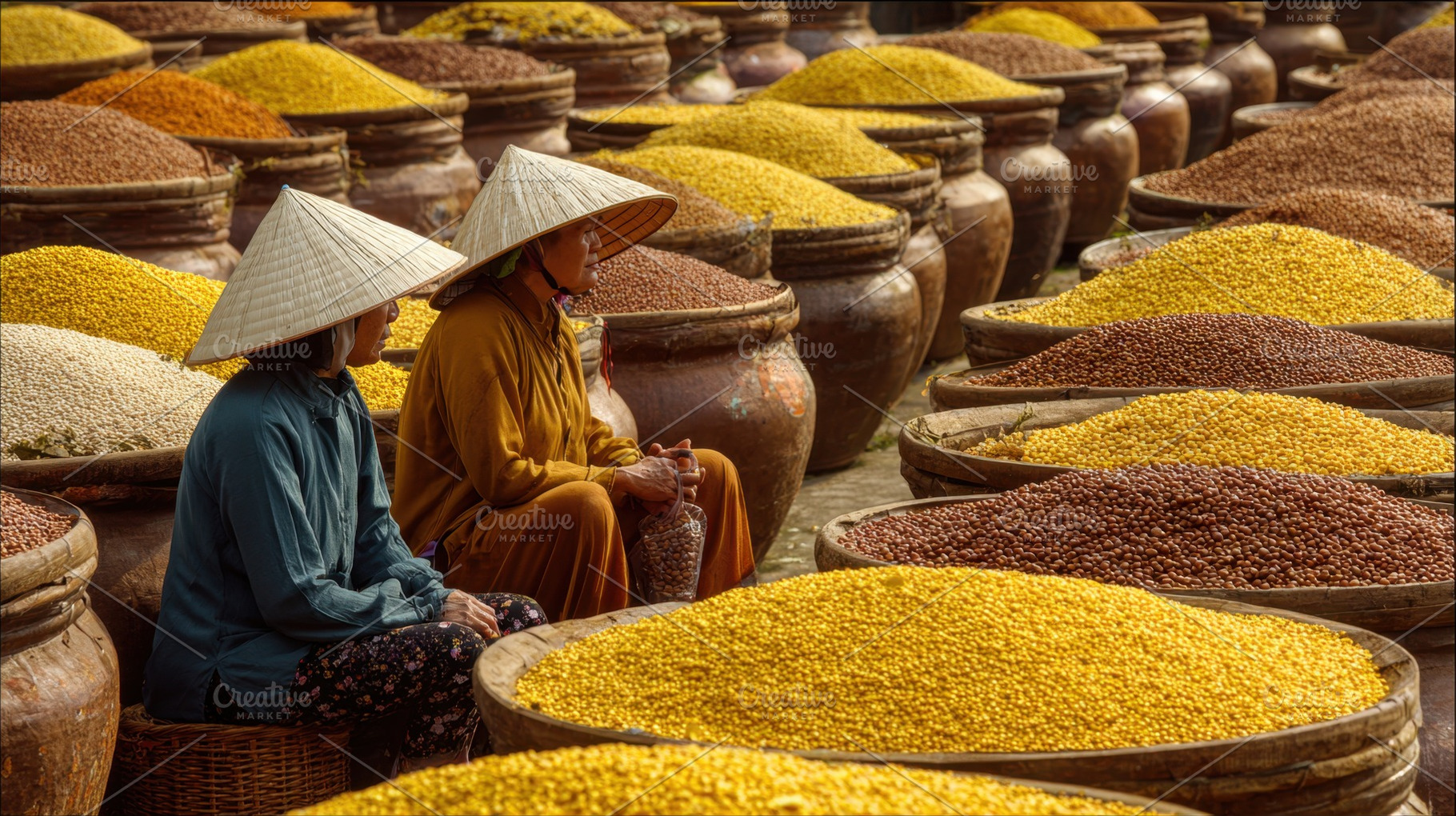 Women sitting near spice containers, a Photo by Beautiful things