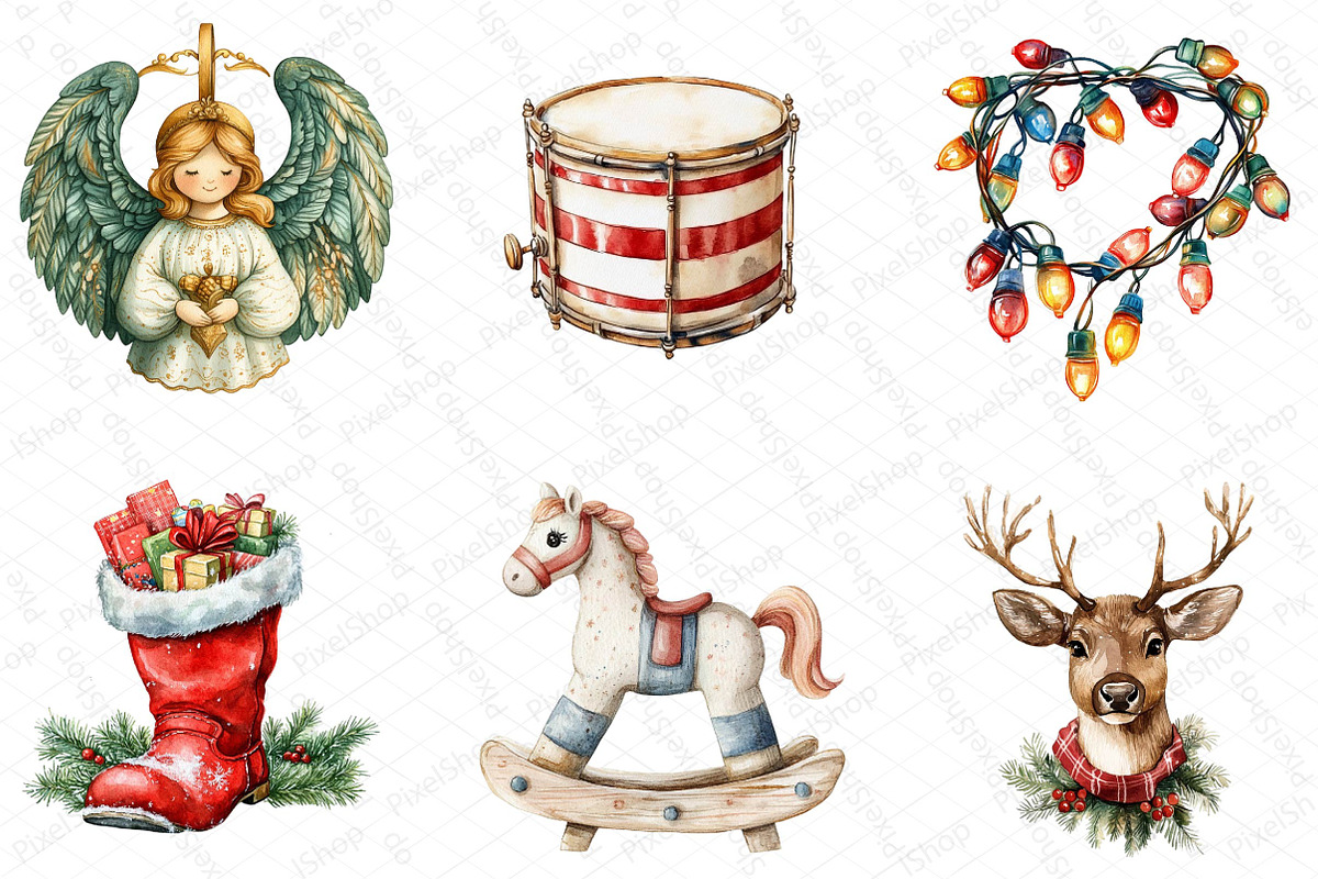 Watercolor Retro Christmas Clipart, an Illustration by DreamPrint404 (Photo 3 of 5)