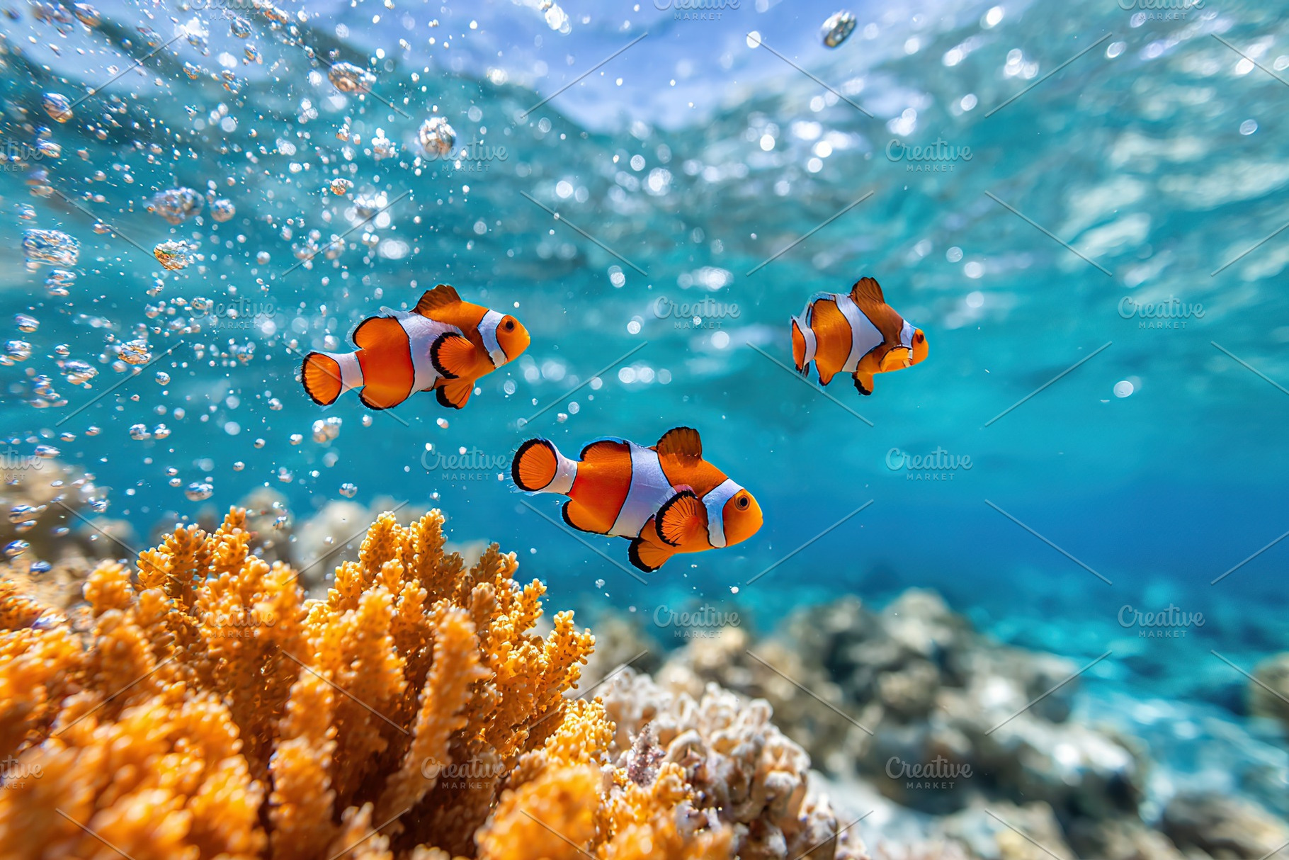 Colorful clownfish swim among vibrant coral in a tropical underwater environmen, a Photo by AlyaAnd