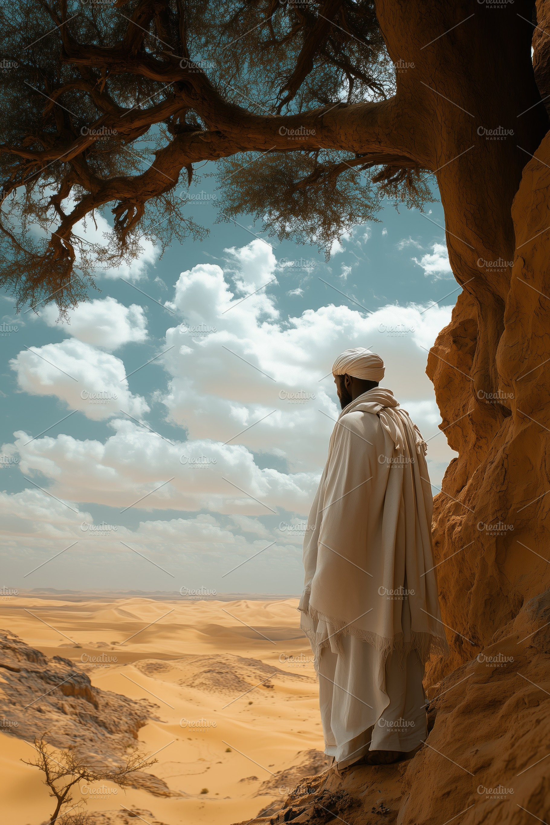 A arabic figure in traditional white attire stands on a rocky outcrop overlooki, a Person Photo by Textures & Backgrounds
