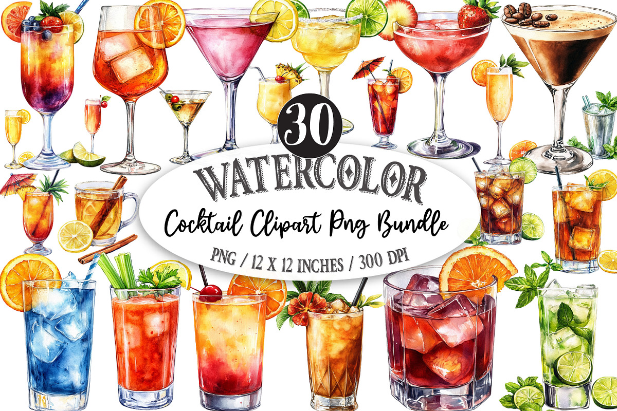 Cocktail Clipart PNG Bundle, an Illustration by Designking (Photo 1 of 5)