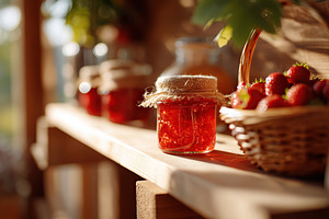 Delicious homemade strawberry jam resting on a wooden shelf under warm sunlight, a Food & Drink Photo by AlyaAnd
