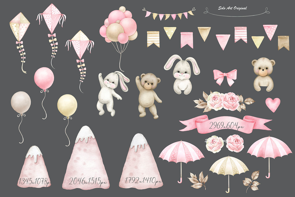 Teddy bear,bunny, hot air balloons., an Animal Illustration by Solo Art Original (Photo 5 of 8)