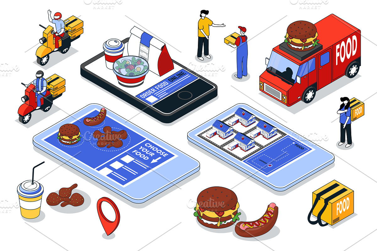 Order Food Isometric Elements, a Food Illustration by alexdndz