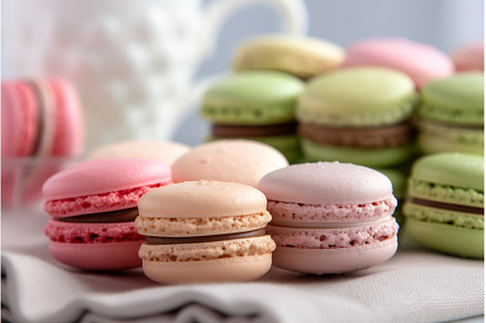 Close up colorful macarons dessert, a Food & Drink Photo by Beautiful things
