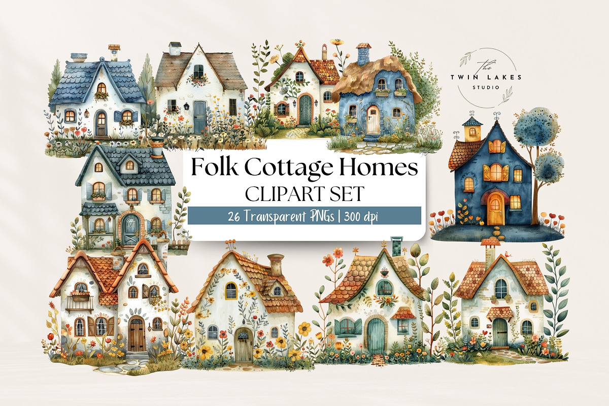 Folk Cottage Homes Clipart Set, an Object Illustration by The Twin Lakes Studio (Photo 1 of 10)