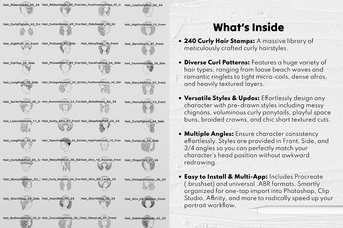 240 Curly Hair Procreate Stamps, a Brush Add-On by Selentaori Studio (Photo 4 of 12)