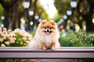Pomeranian spitz sitting on bench in the park, an Animal Photo by AlyaAnd