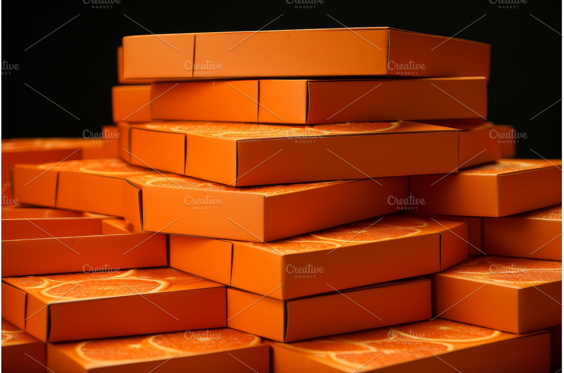 Stack orange pizza boxes carton, a Food & Drink Photo by Ylivdesign