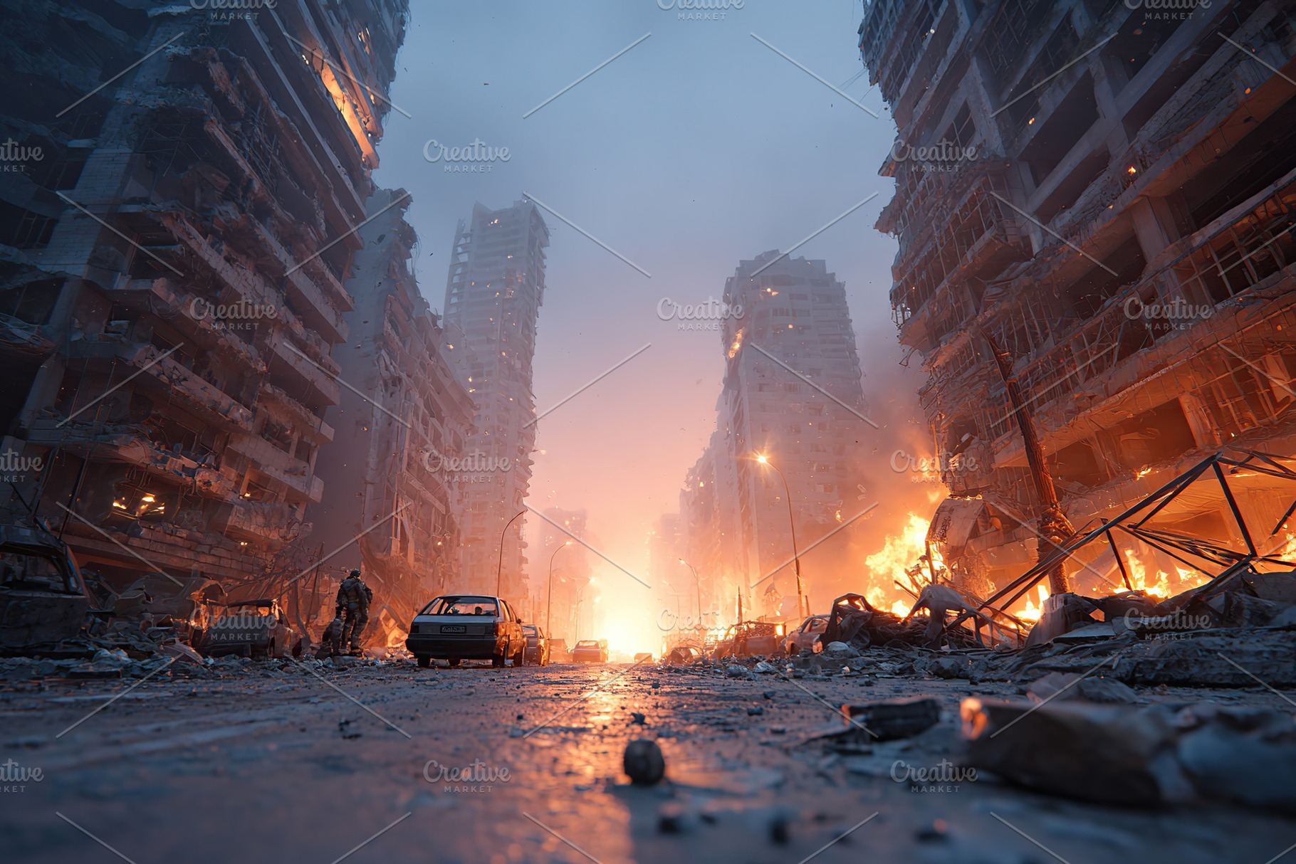Cityscape engulfed in flames and smoke, showcasing devastation and chaos at dus, a Photo by AlyaAnd