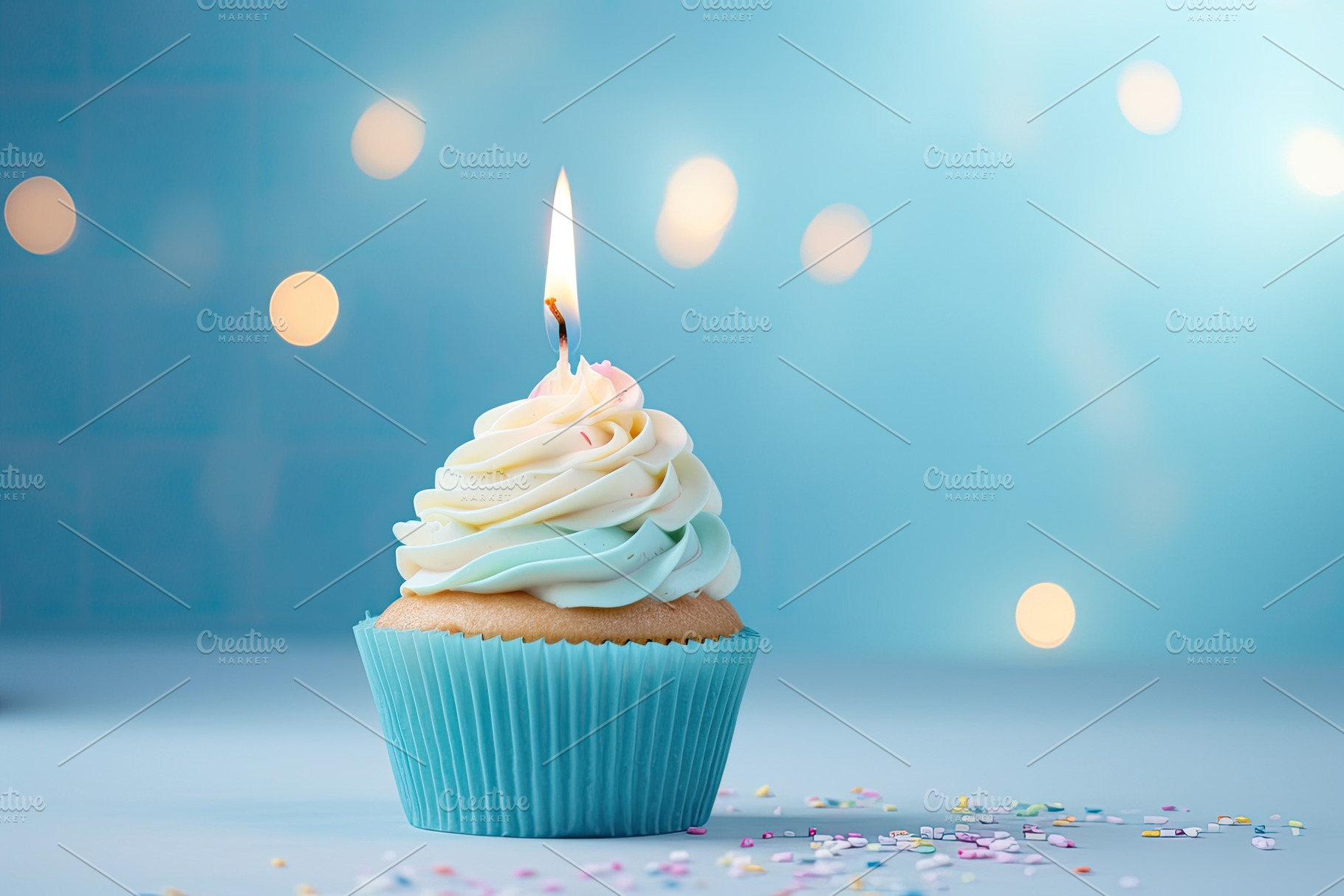 Birthday cupcake with candle on blue, a Photo by Iftikhar Alam