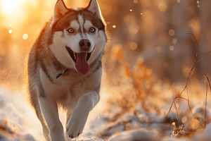 A playful Siberian Husky running through the snow at sunset, capturing the joy, an Animal Photo by ImageMir