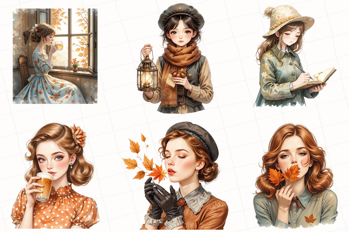 Watercolor Autumn Girls Clipart, an Illustration by OK Design (Photo 3 of 5)
