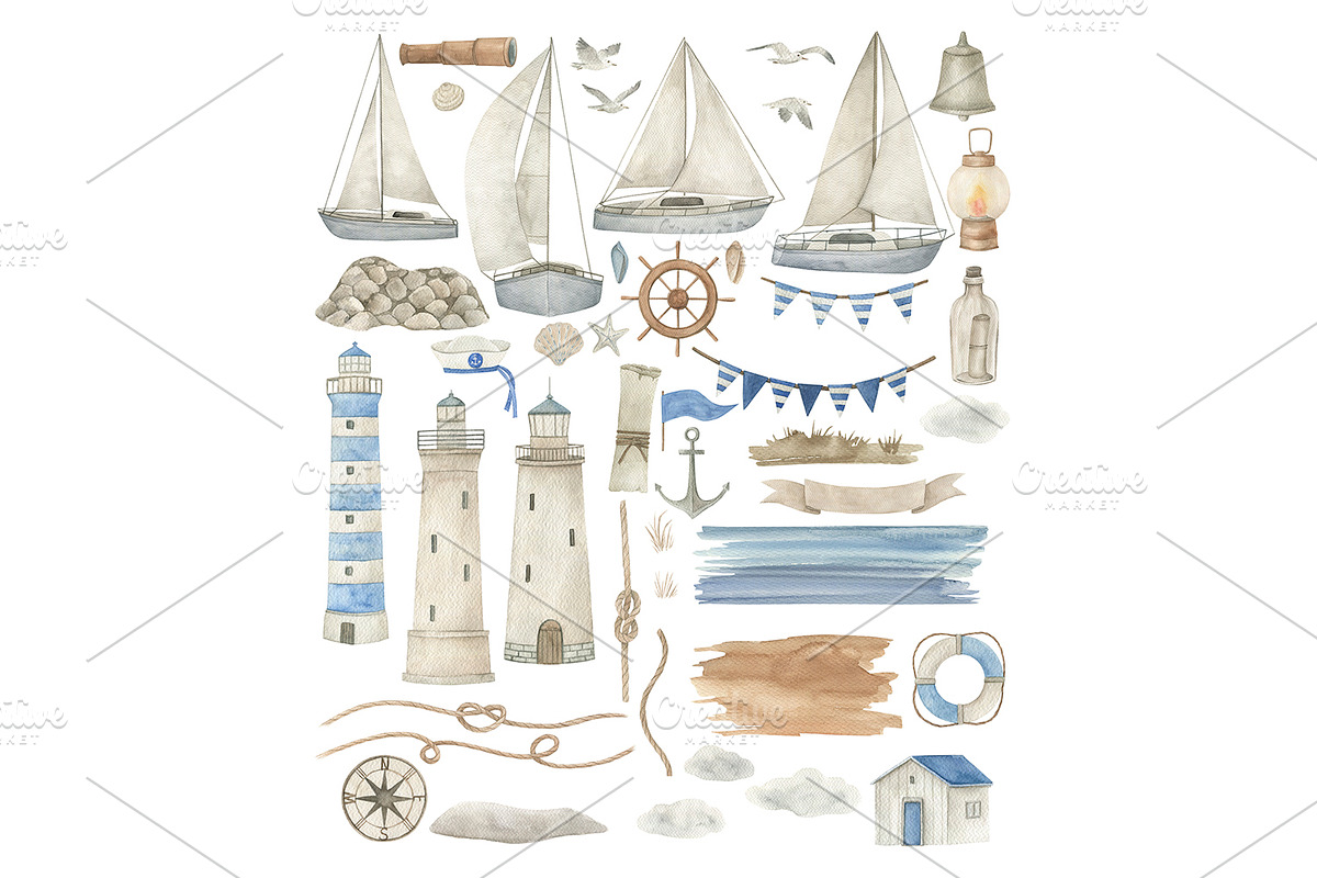 Watercolor Nautical Clipart Set, a Transportation Illustration by Natikka Art (Photo 2 of 4)