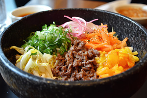 Delicious bibimbap served in a stone, a Photo by Tanuart