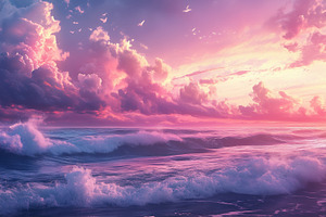 A breathtaking seascape at sunset, featuring vibrant pink and purple clouds ref, a Photo by Textures & Backgrounds