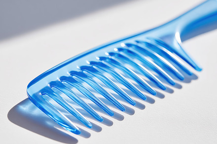 Plastic hair comb with rounded handle positioned on a flat surface in bright da, a Beauty & Fashion Photo by AlyaAnd