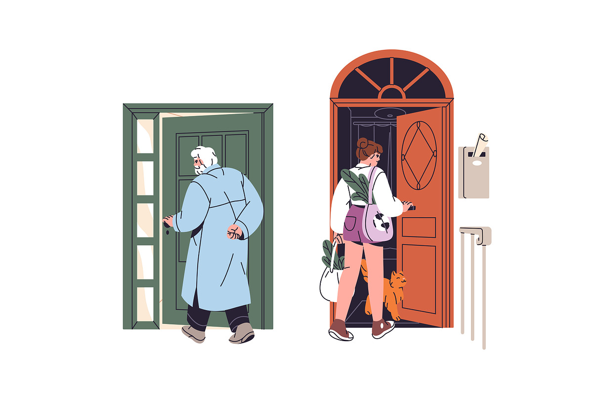 People enter and exit from doors set, a Person Illustration by PaperTrident (Photo 3 of 8)