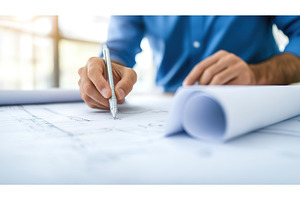 Architect drafting blueprint in, an Architecture Photo by Lermont51