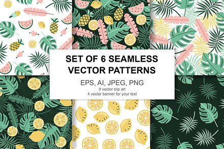 Vector summer set, 6 vector seamless