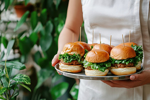 Waiter carrying a tray of delicious, a Photo by Pavel_design