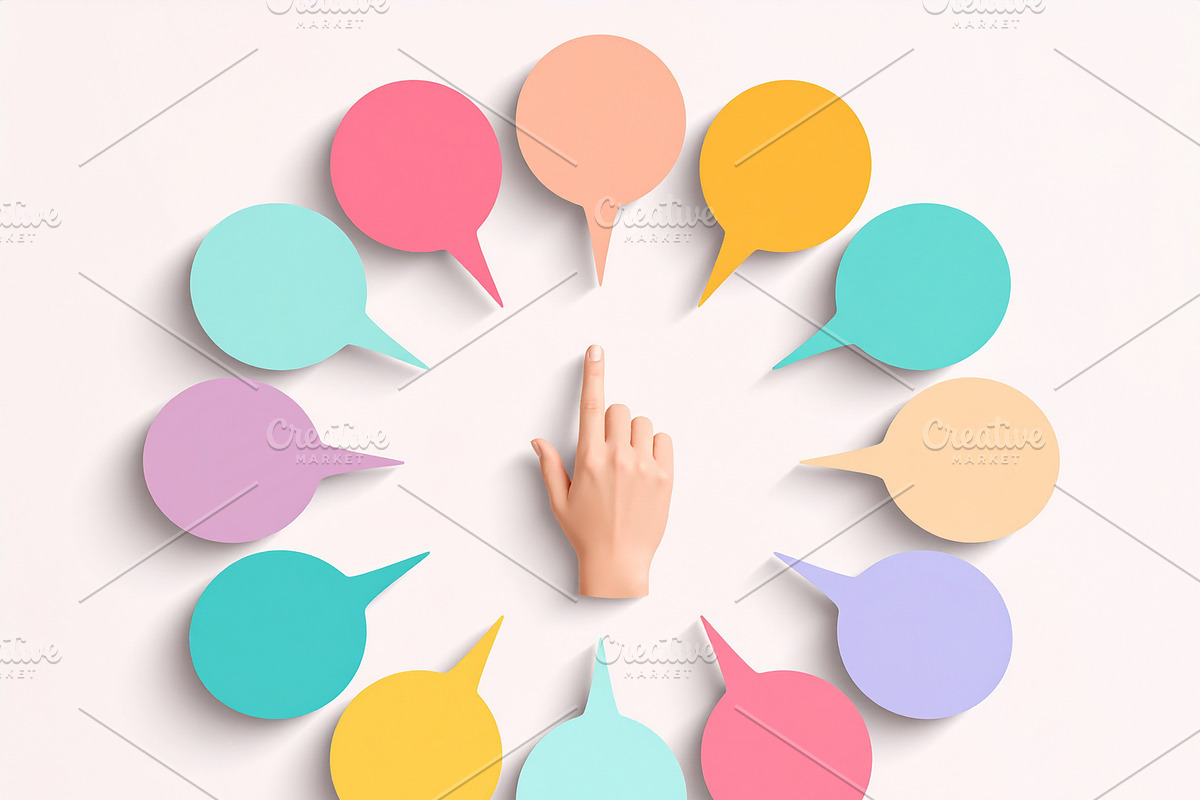 Hand poiting a circular arrangement of speech‐bubble icons in, an Object Illustration by DanFLCreativo