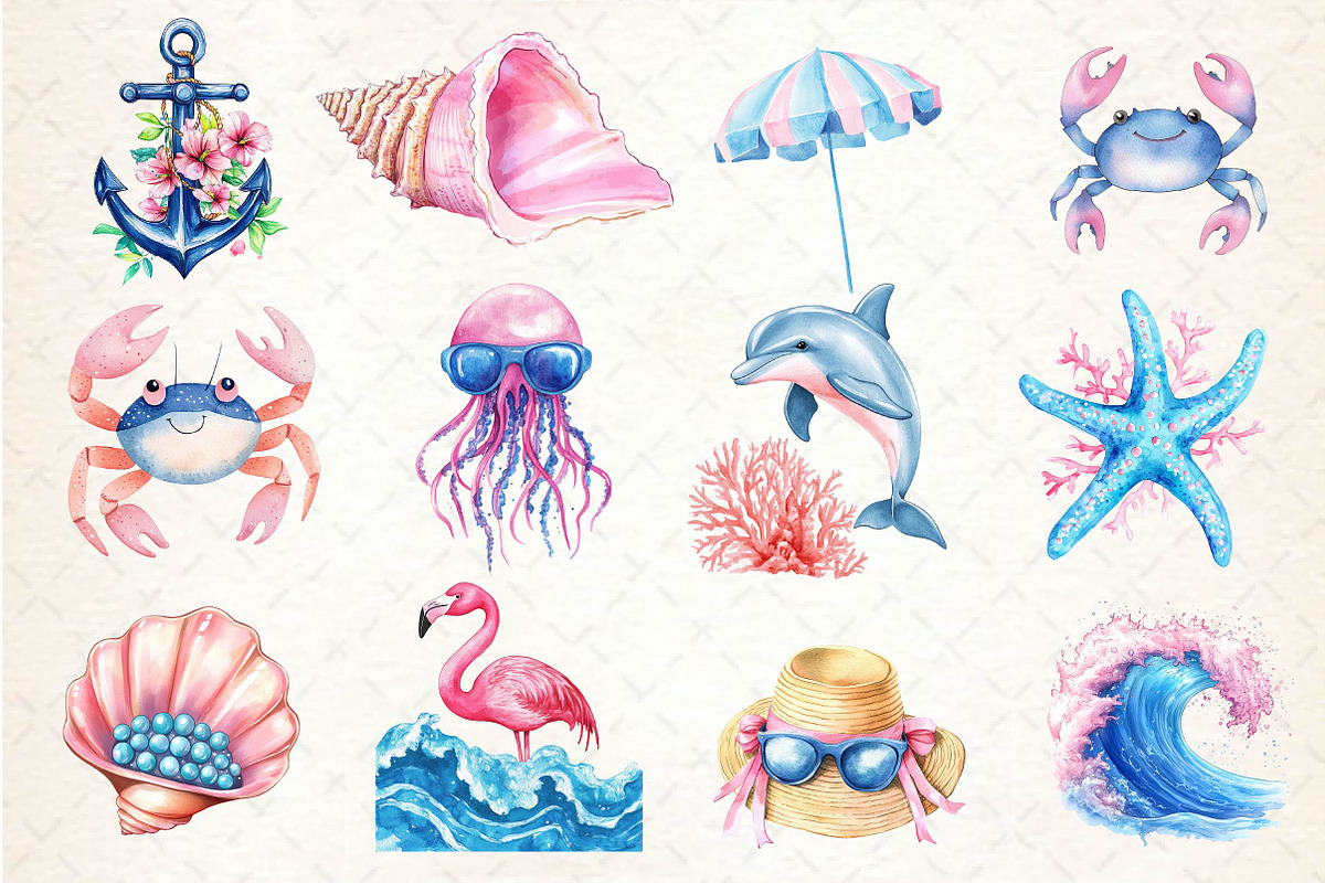 Summer Pink & Blue Coastal Clipart, an Illustration by Dream Creation (Photo 4 of 4)
