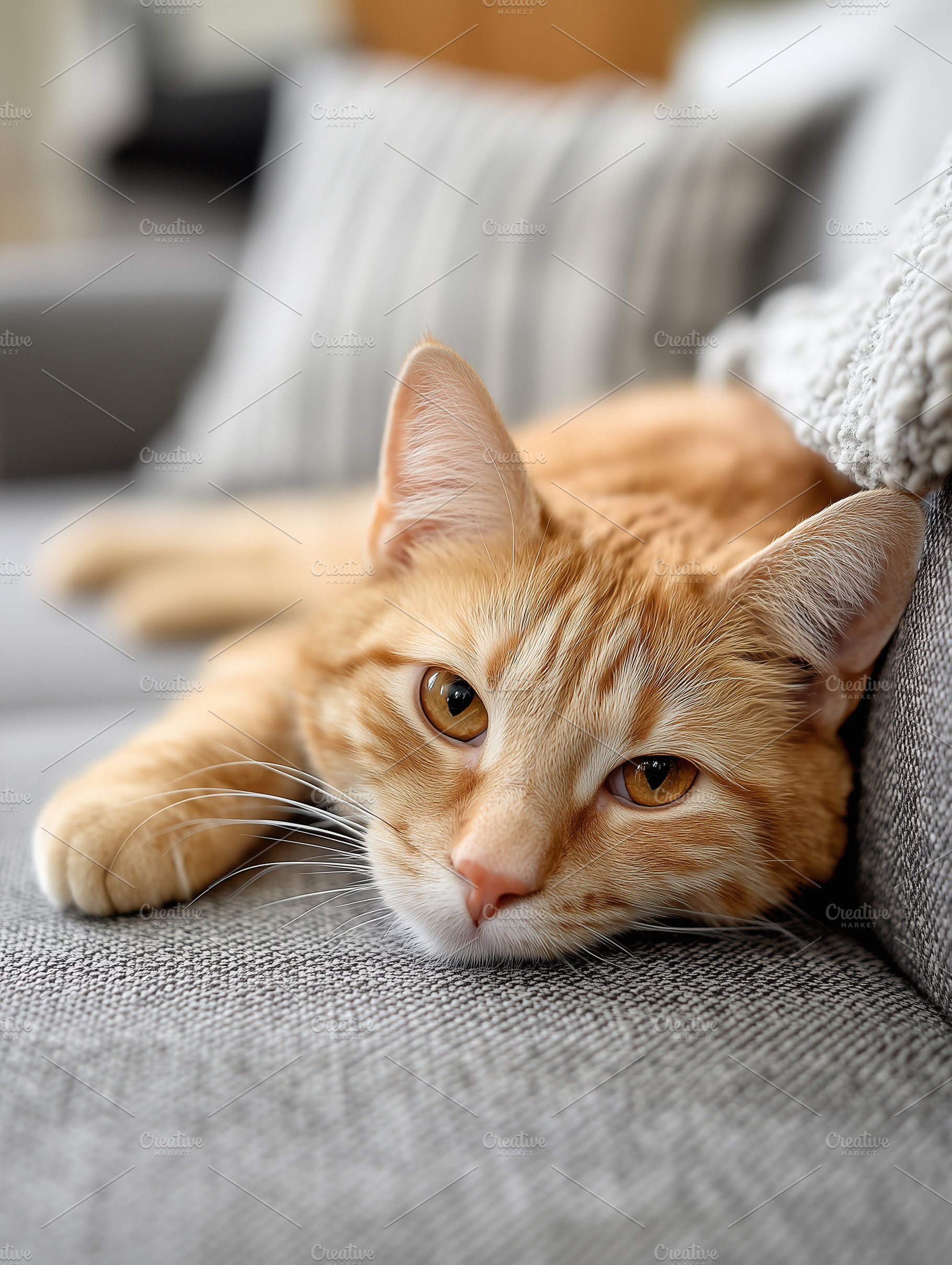 Relaxed orange tabby cat lying on a, an Animal Photo by MistyDay