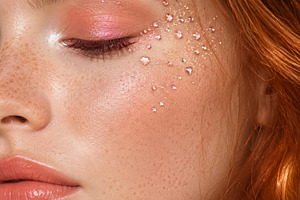 Closeup of a womans face with rhines, a Photo by Dvoevnore photos