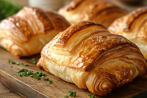 Golden-brown, flaky croissants on a rustic wooden board, exuding, a Food & Drink Photo by ImageMir