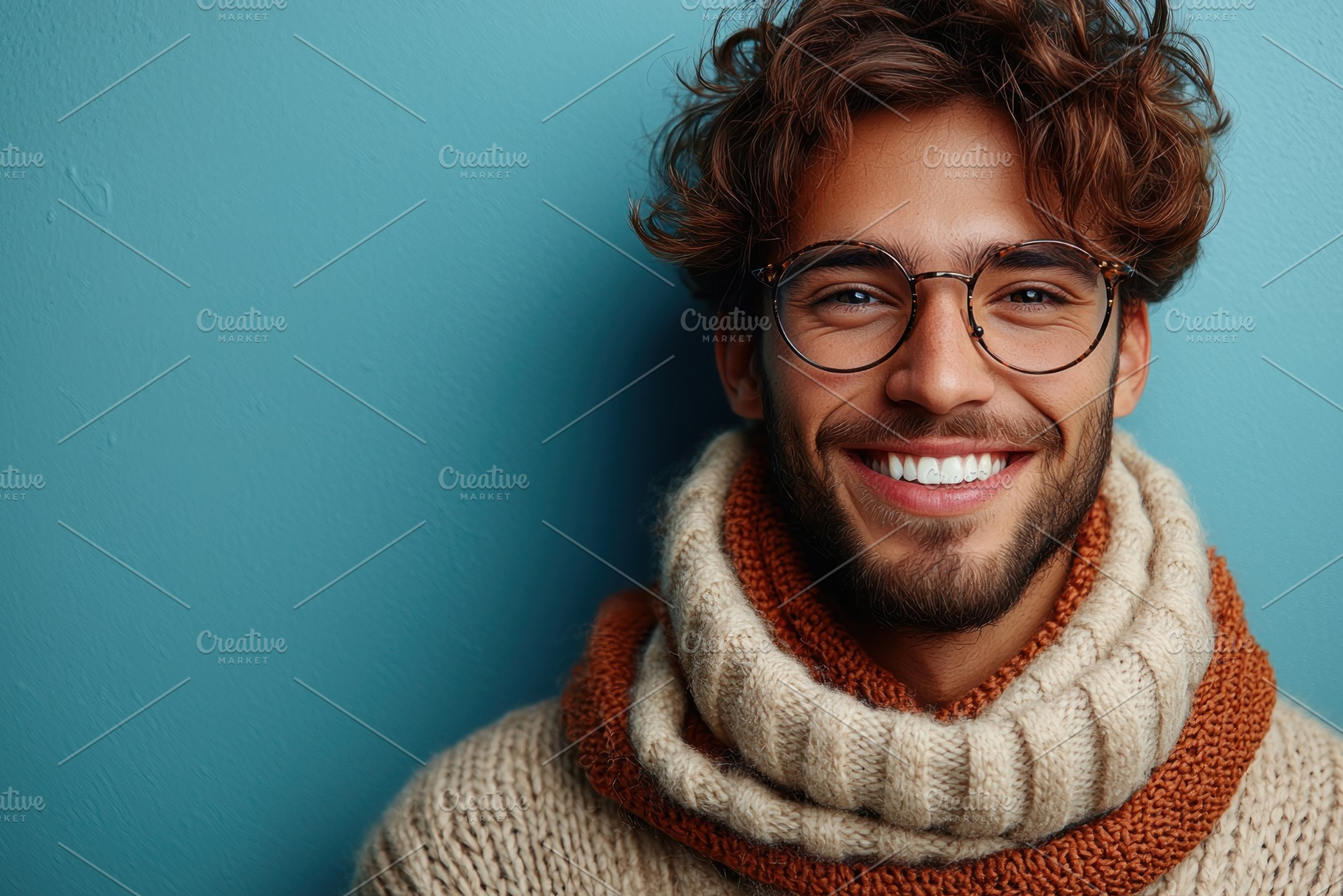 Cheerful young man with curly hair and glasses smiling warmly in, a Person Photo by José Manuel Gelpi