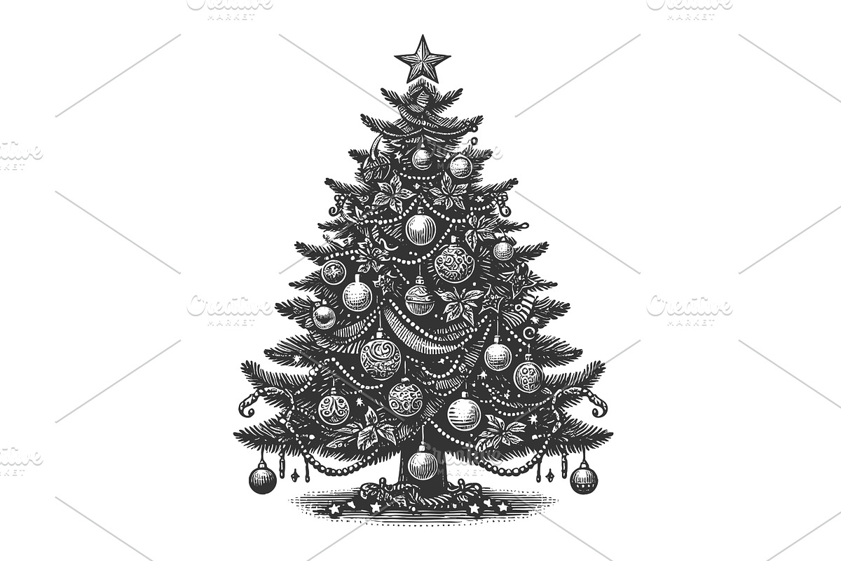 decorated Christmas tree engraving, an Illustration by AlexArt