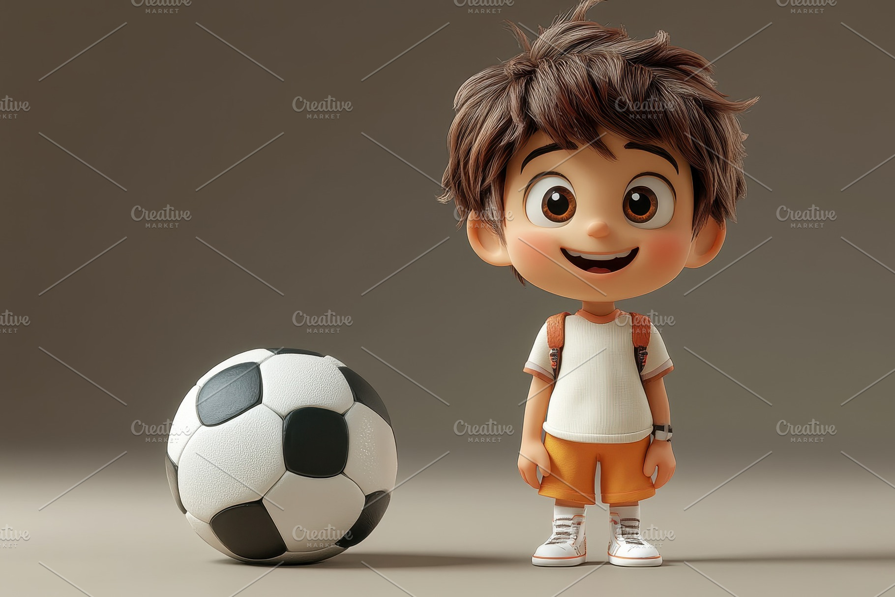 Young boy stands next to a soccer ba, a Photo by Tanuart