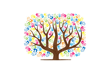 Abstract hand prints tree silhouette