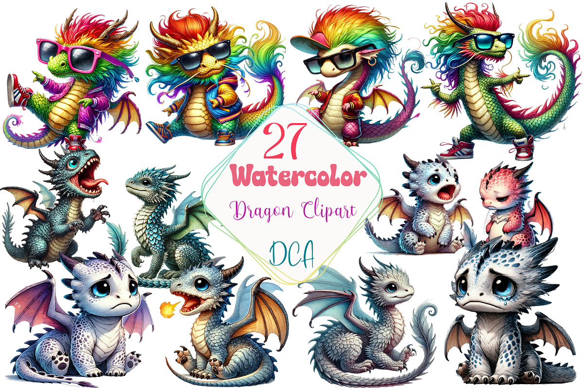 Watercolor Dragon Clipart, an Illustration by DreamCafeArt (Photo 1 of 3)